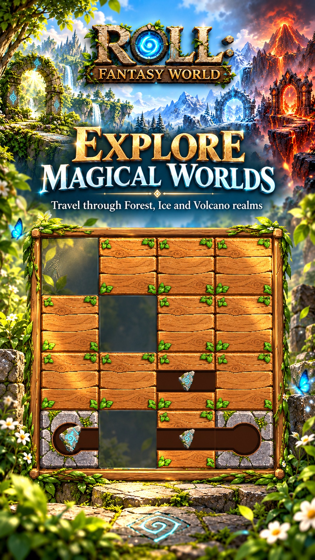 Roll: Fantasy World — Explore magical worlds: Forest, Ice and Volcano realms