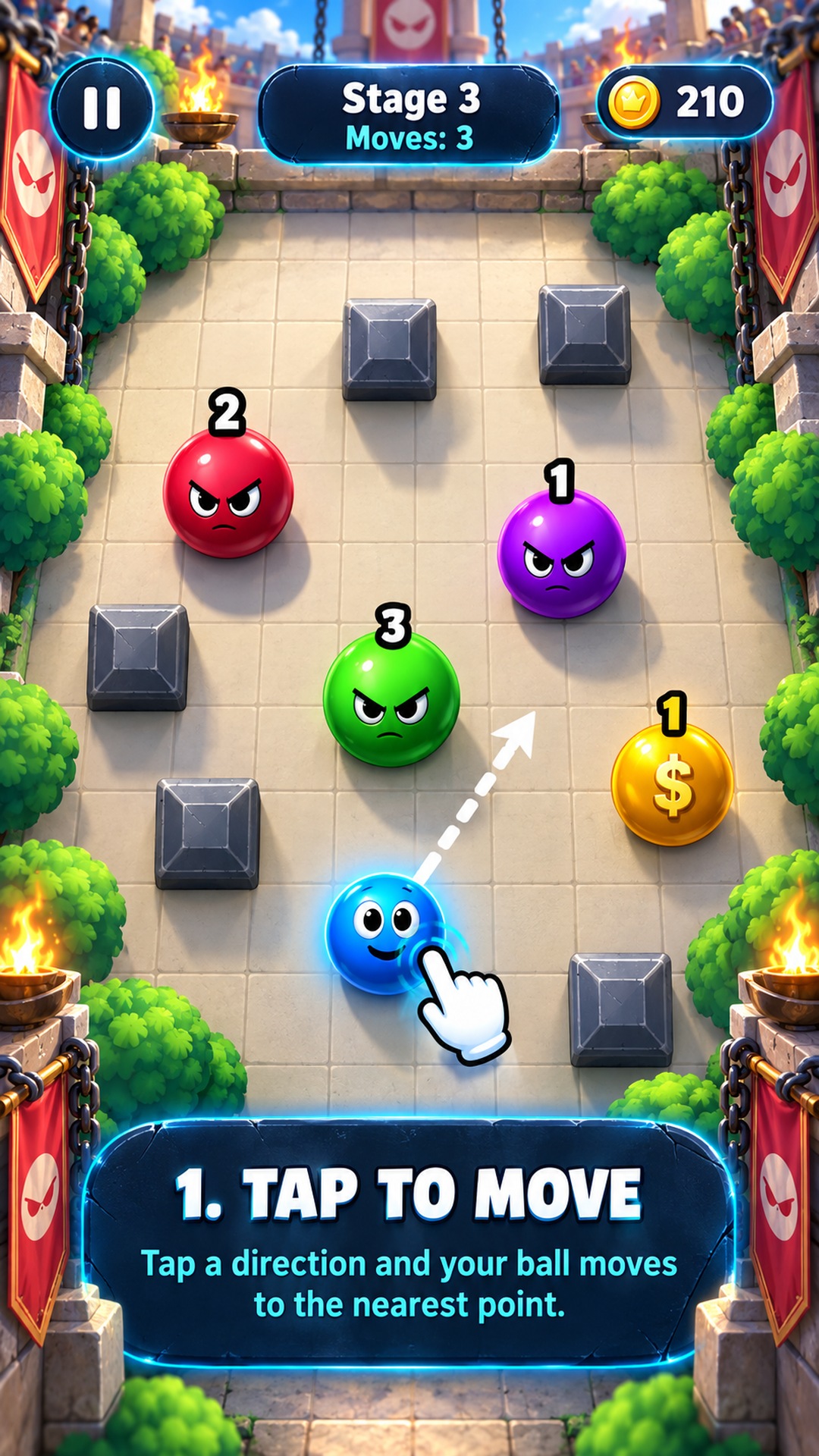 CHAIN: Silly Balls — Tap to move and launch the blue ball through the arena