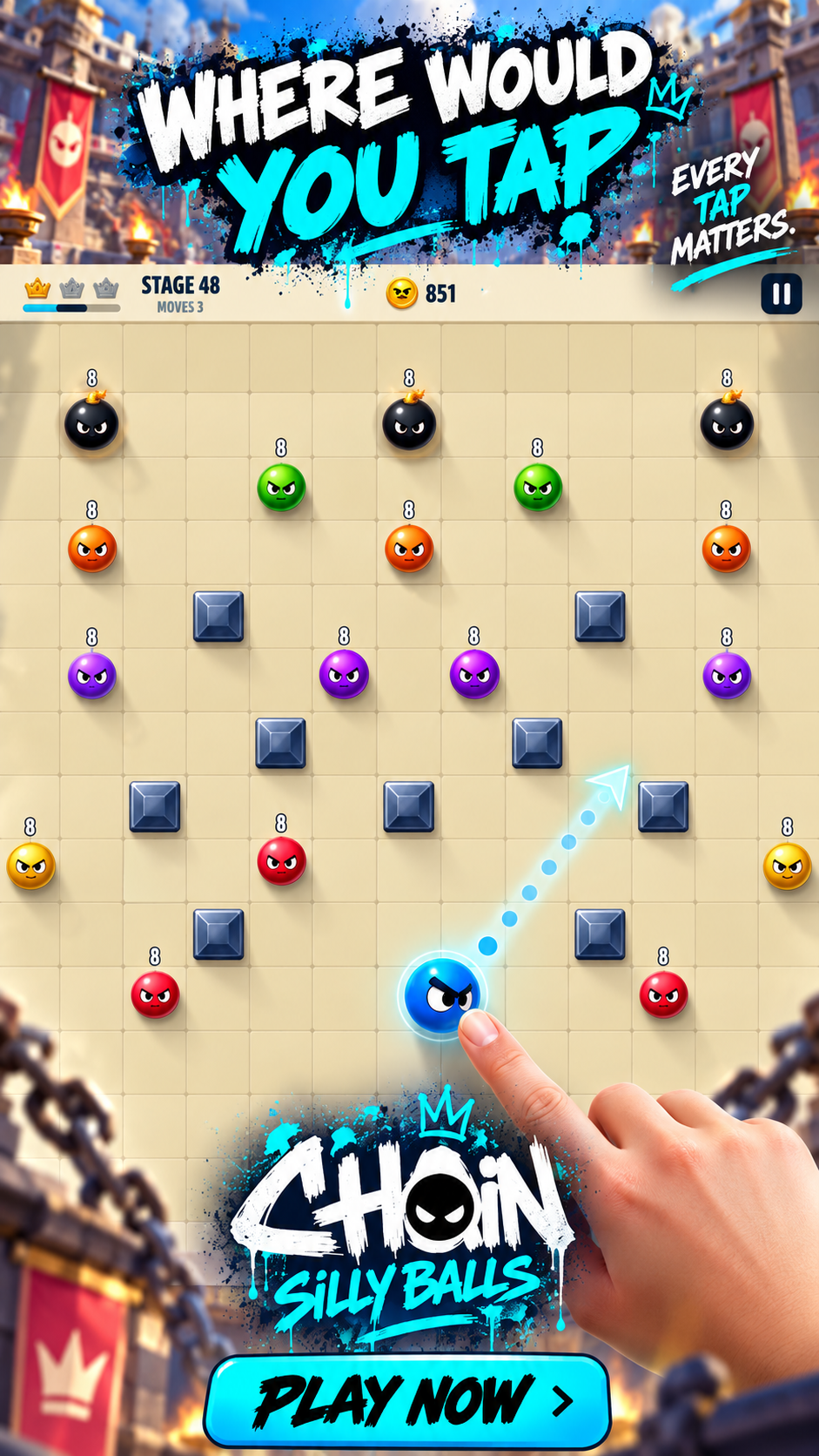 CHAIN: Silly Balls — tap to launch the blue ball through the arena on stage 48