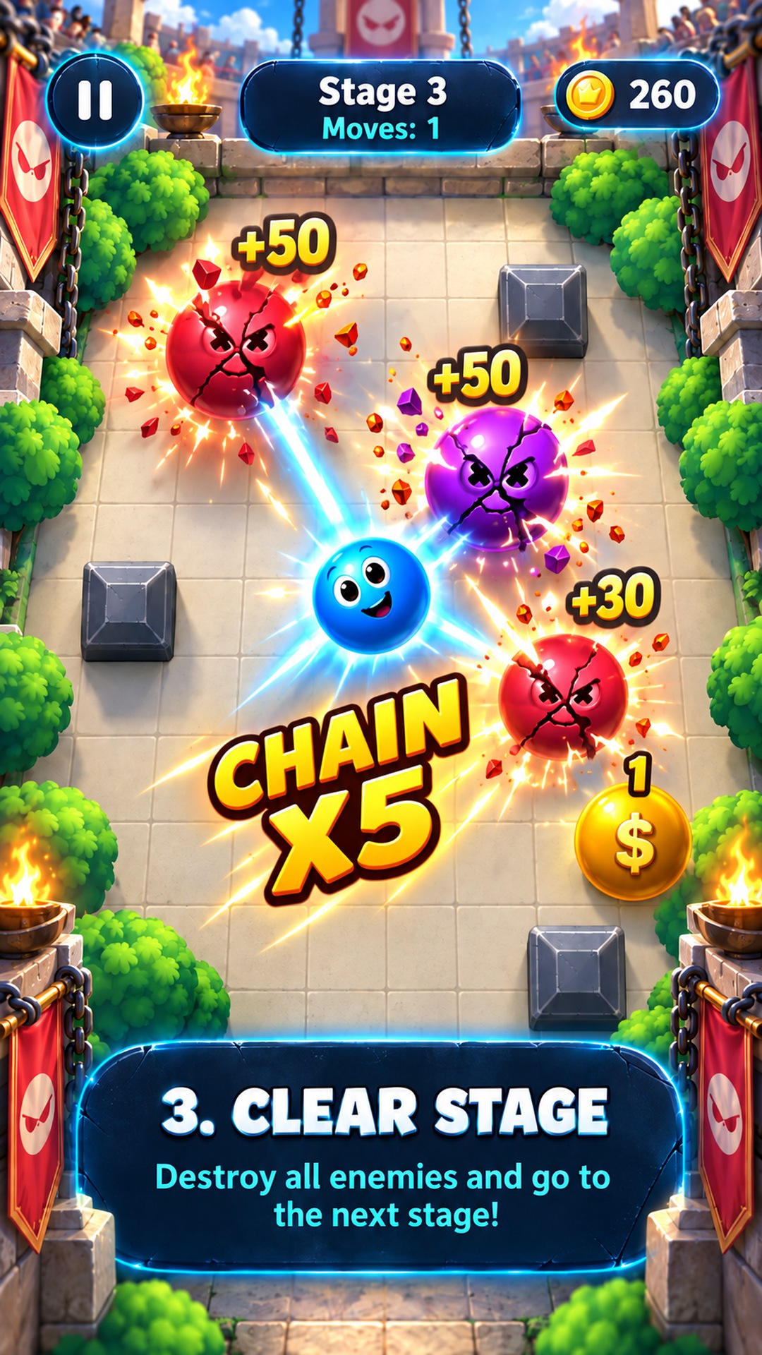 CHAIN: Silly Balls — Clear the stage with a CHAIN x5 and collect Gold