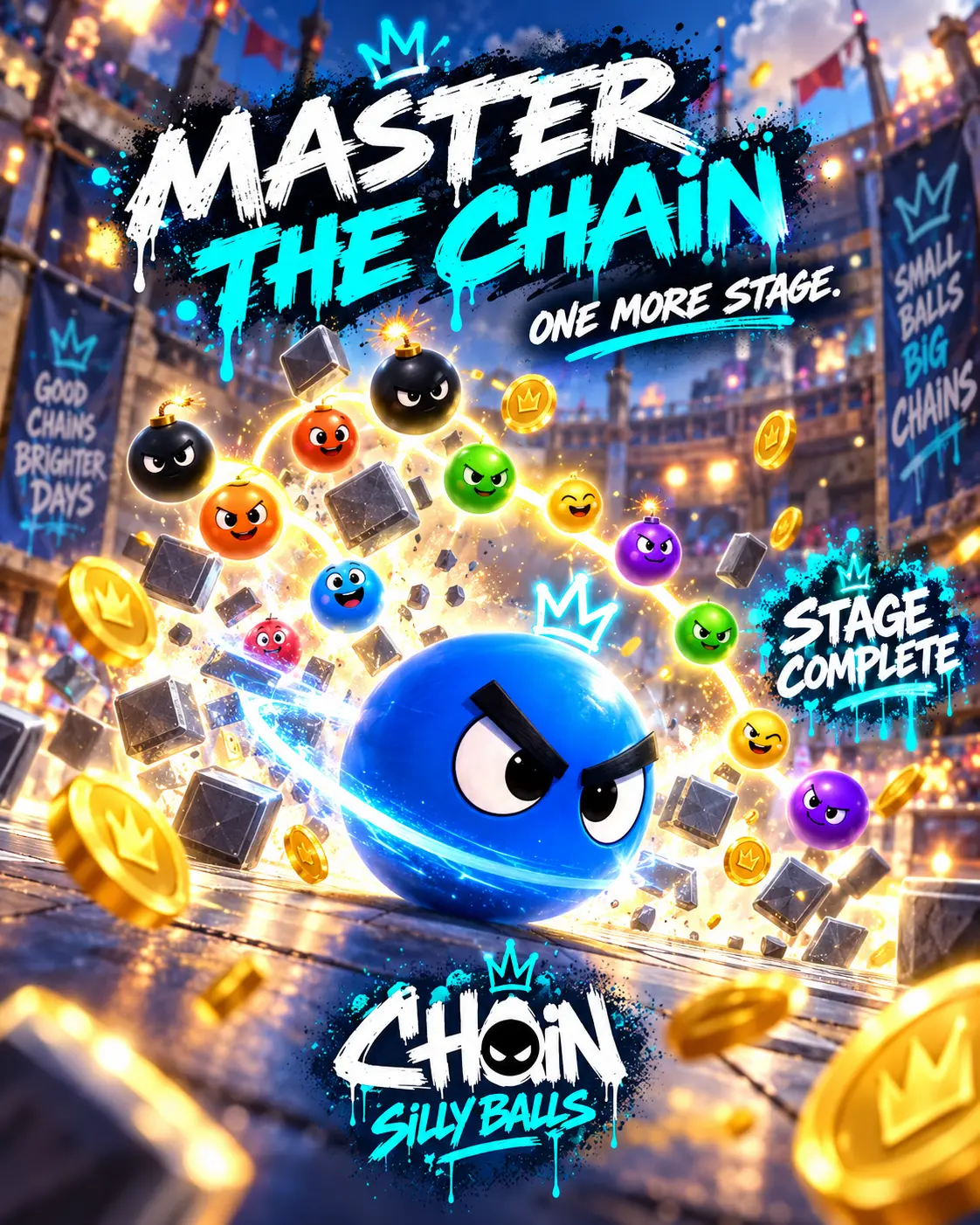 CHAIN: Silly Balls — Master the Chain promotional artwork celebrating a completed stage with Gold