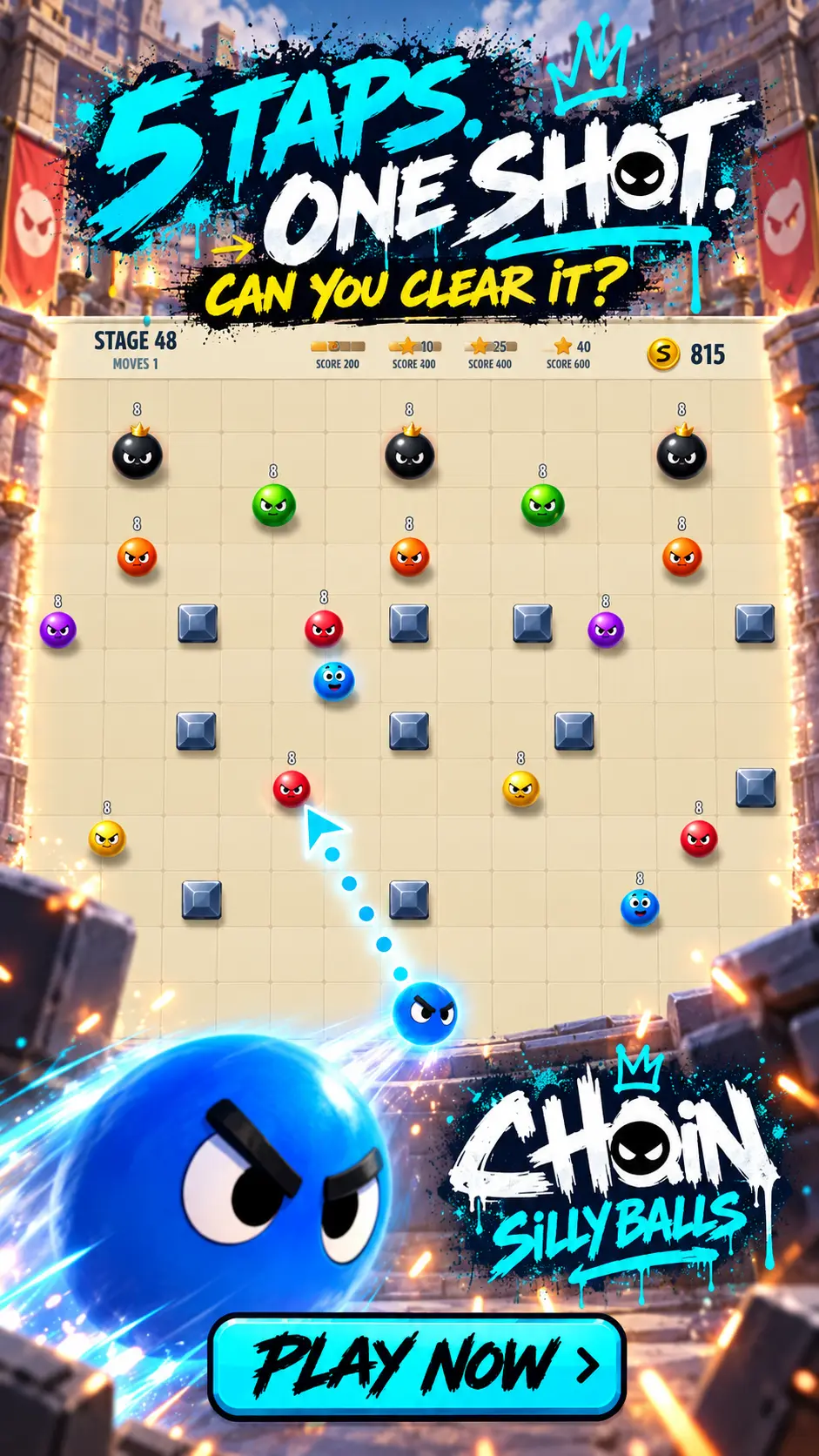 CHAIN: Silly Balls — aiming the blue ball at enemy balls on stage 48