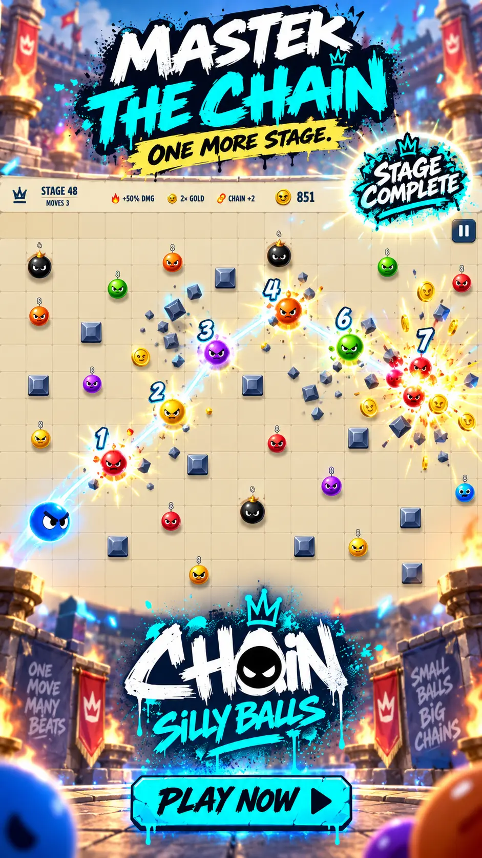 CHAIN: Silly Balls — building a numbered chain of hits across the stage