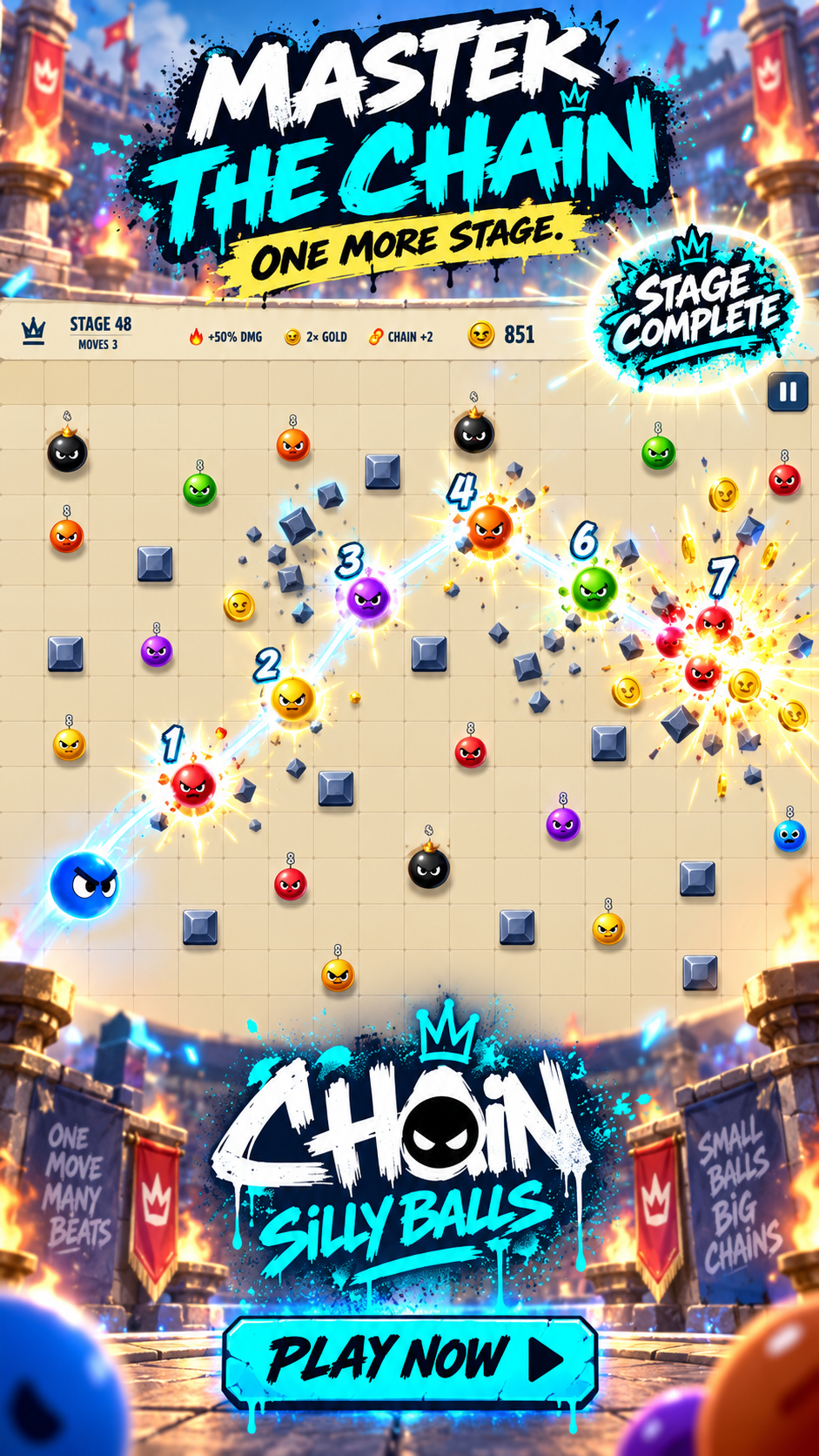 CHAIN: Silly Balls — building a numbered chain of hits across the stage