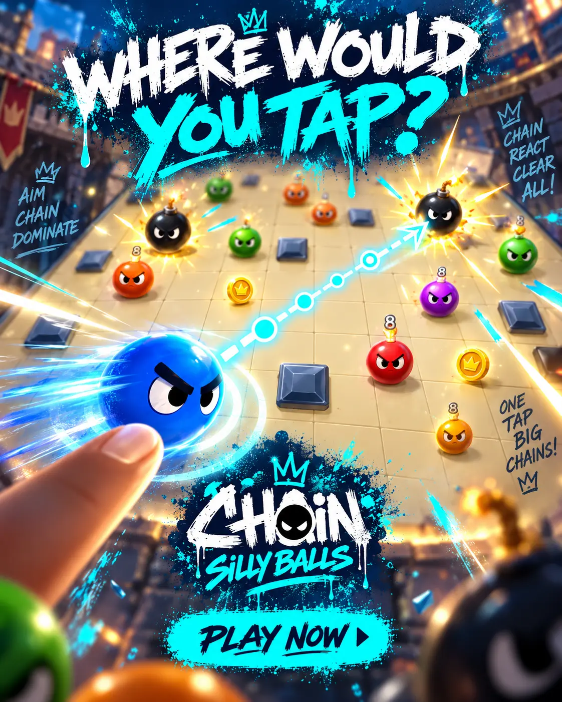 CHAIN: Silly Balls — Where would you tap? promotional artwork of the arena and the blue ball